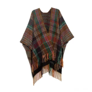 Black colorful Tibetan chevron scarf with fringe hem studio display