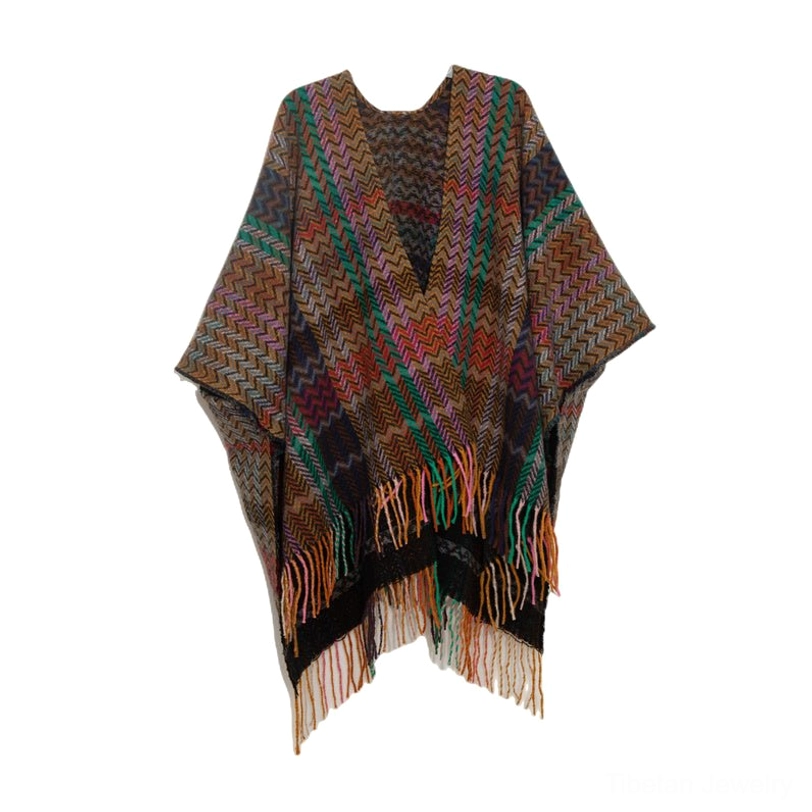 Black colorful Tibetan chevron scarf with fringe hem studio display
