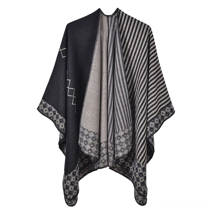 Tibetan striped shawl in black gray color variation showing elegant neutral tone option for versatile styling