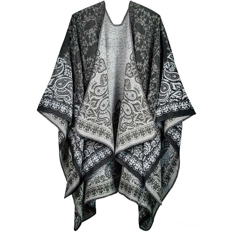 Tibetan monochrome paisley shawl black and grey color contrast reversible design