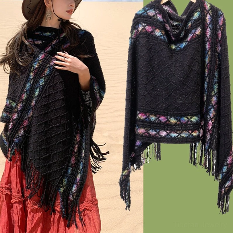 Black ethnic knitted poncho shawl with rhombus pattern and colorful tribal trim flat lay and model wearing display