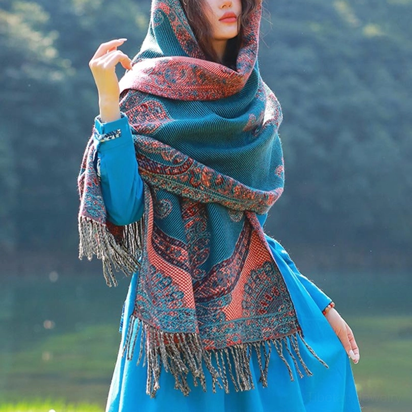 Tibetan paisley shawl in blue colorway front view
