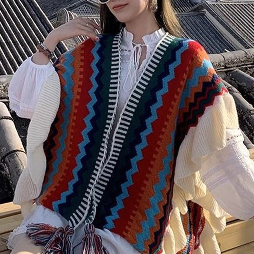 Tibetan shawl wrap in bohemian style with geometric striped print, soft blended fabric and versatile ethnic aesthetic