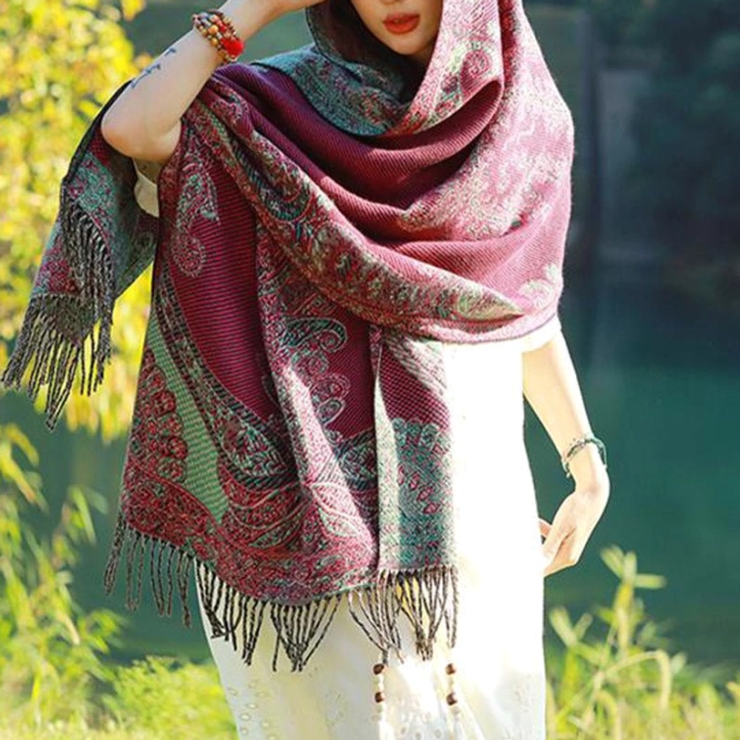 Tibetan vine leaf paisley shawl worn for outdoor bohemian styling