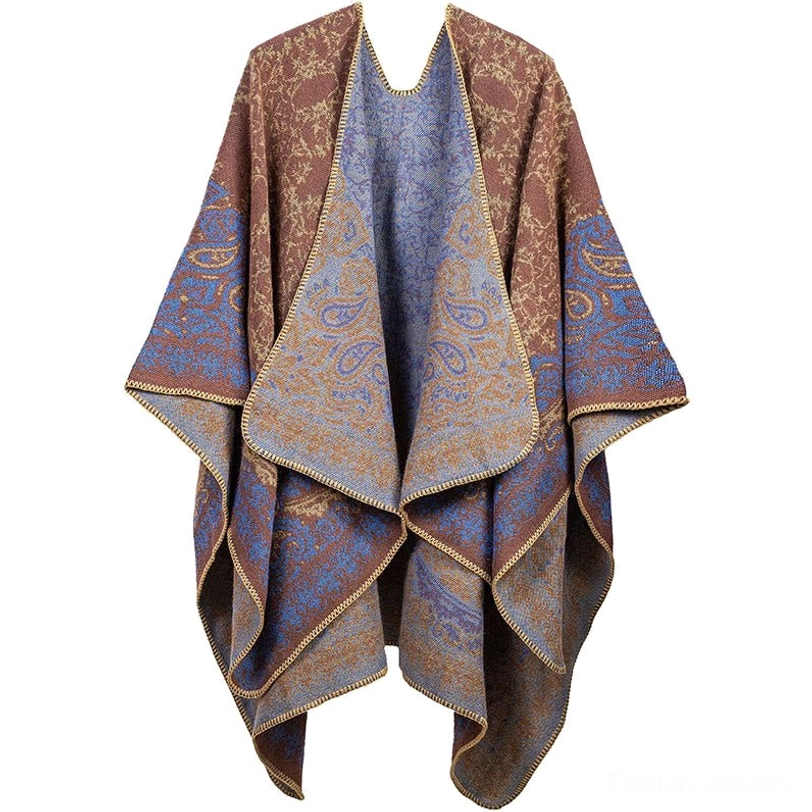 Tibetan reversible shawl brown blue grey paisley print multi-color ethnic design