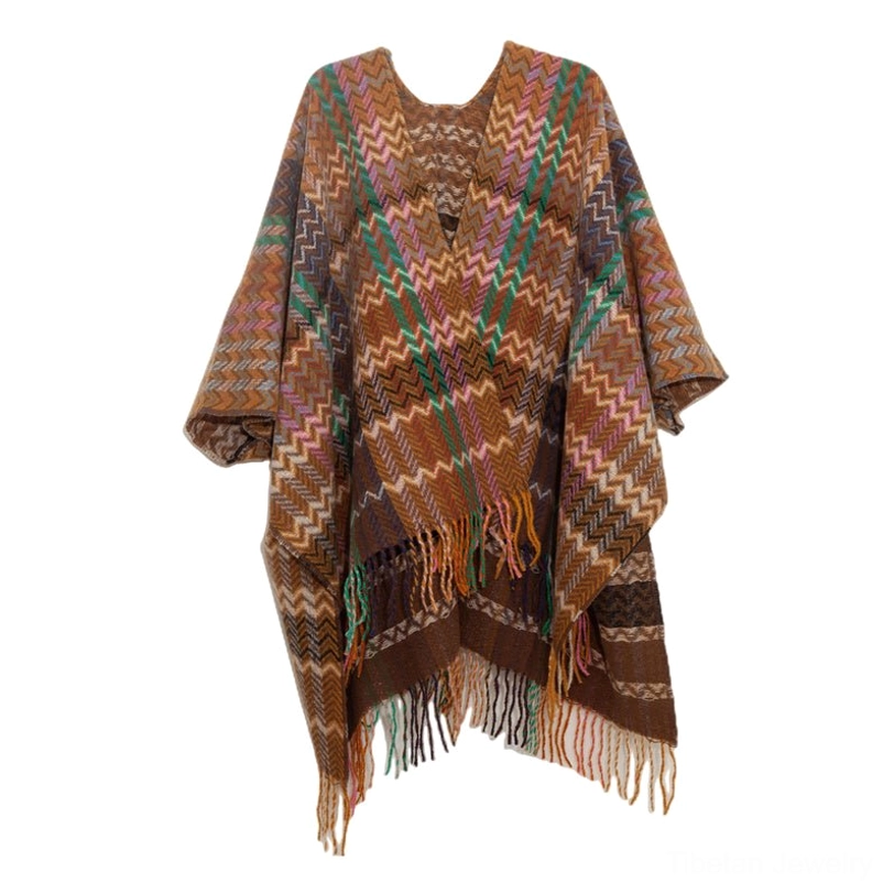Brown colorful Tibetan chevron shawl with earthy warm tone palette