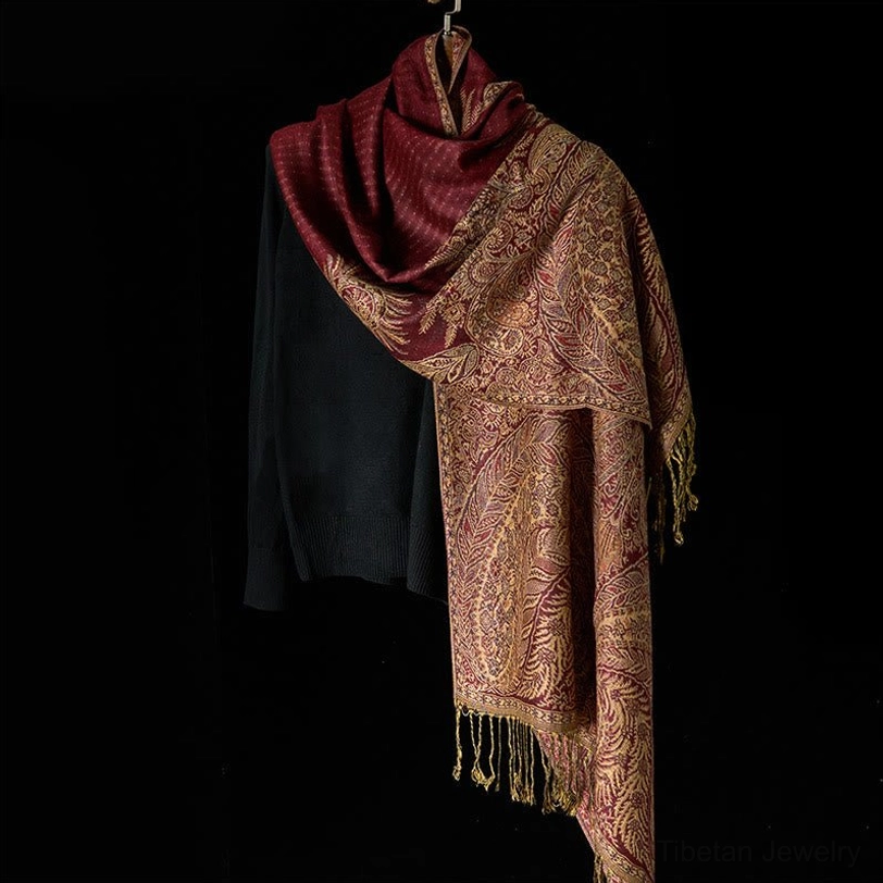 Cadet blue Tibetan paisley shawl with sophisticated floral weave and tassel details - premium handcrafted textile