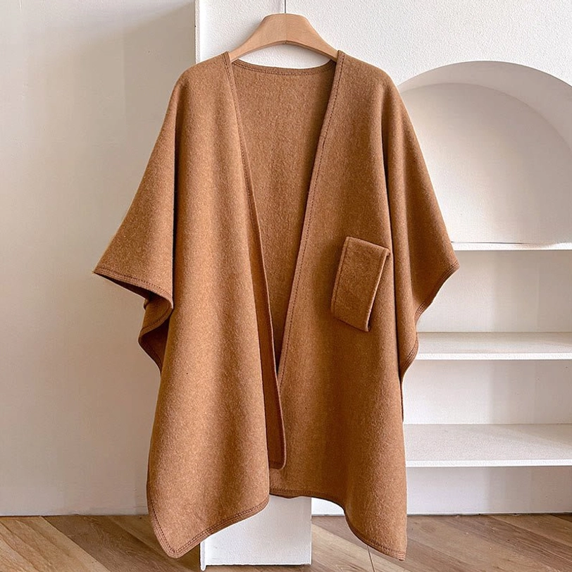 Camel brown Tibetan shawl poncho with patch pocket - open front design, sleeveless, neat stitching, versatile style