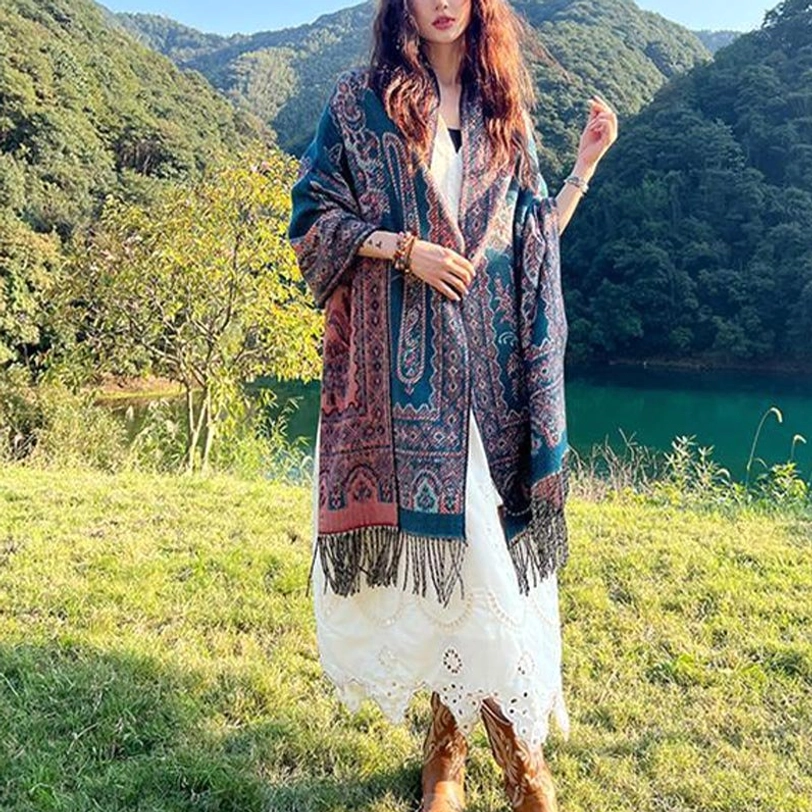 Tibetan ethnic botanical shawl care and storage recommendation lifestyle shot