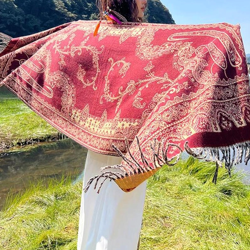 Tibetan botanical shawl showing texture and craftsmanship of imitation cashmere blend