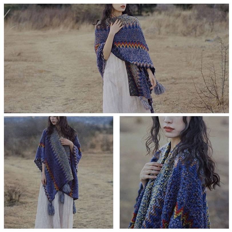 Tibetan shawl detail showing interlocking chevron weave and color gradient from blue to earth tones