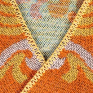 Tibetan shawl yellow stitched collar detail close up jacquard weave