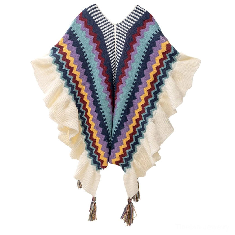 Ethnic Tibetan shawl wrap featuring color block zigzag pattern with ruffled side edges and hanging tassel trim