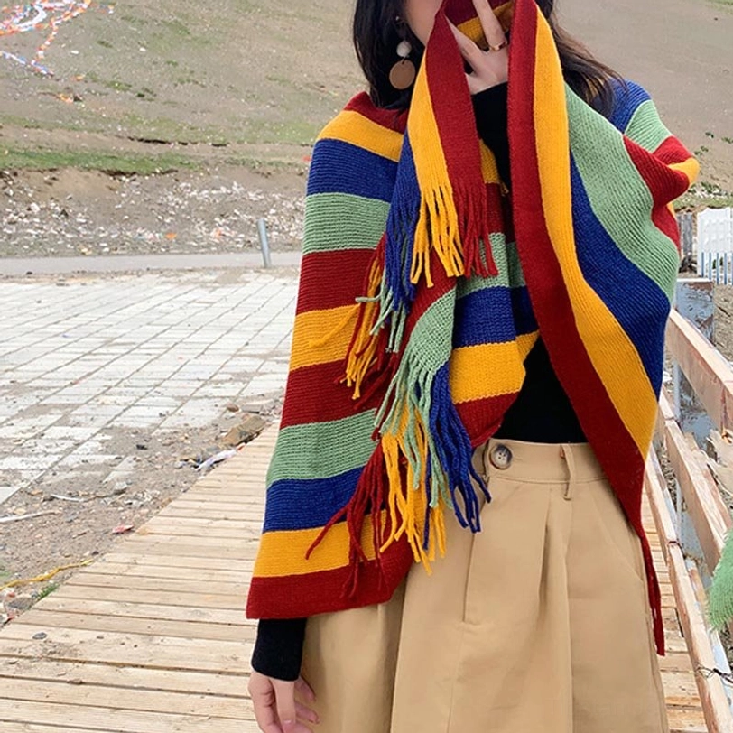 Tibetan tassel shawl color swatches displaying red yellow green burgundy navy and neutral tone options