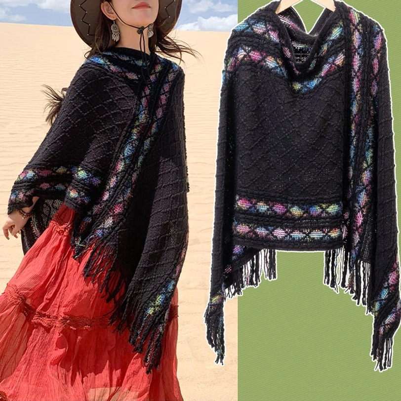 Tibetan tassel poncho shawl with multiple color variations showcasing design versatility