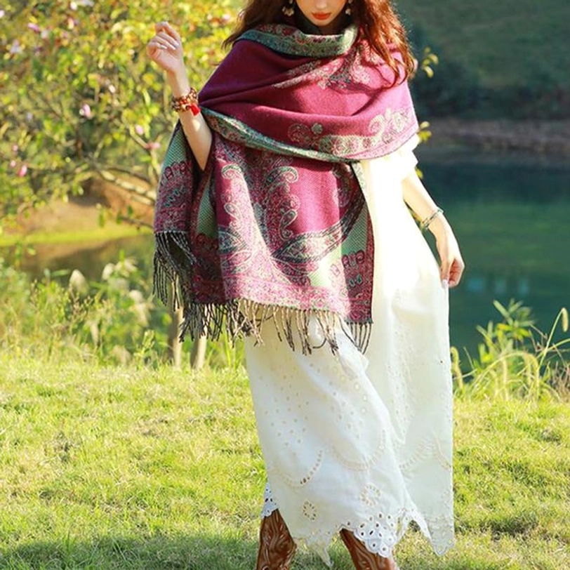 Tibetan vine leaf shawl showing color richness and pattern definition