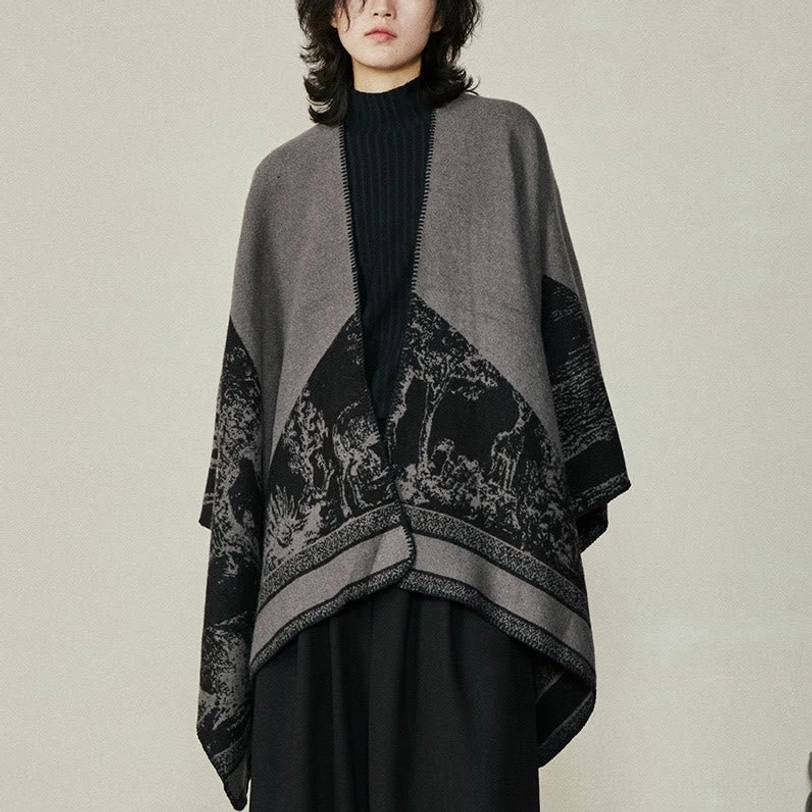 Gray and black colorblock Tibetan shawl featuring forest jacquard lower section