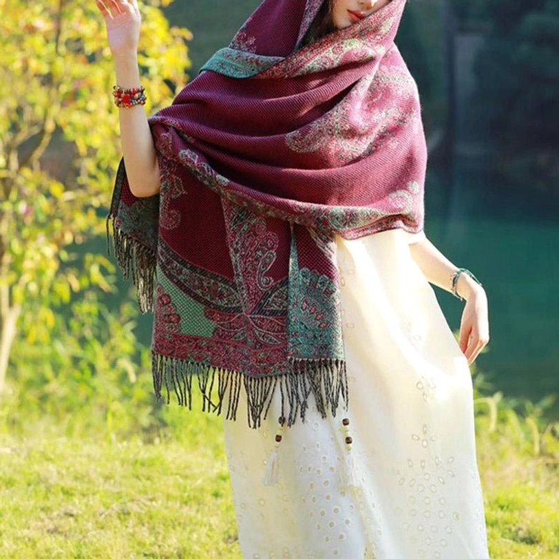 Tibetan vine leaf paisley shawl as cozy wrap for relaxation