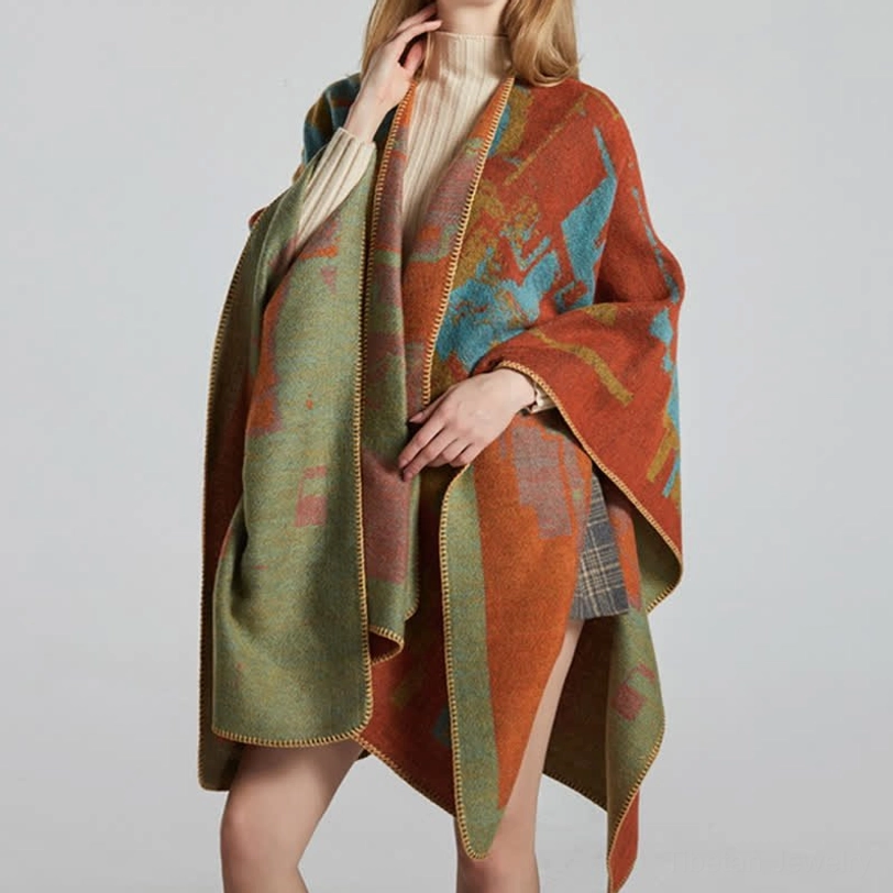 Tibetan cultural geometric shawl paired with traditional accessories and spiritual items