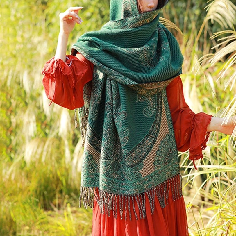 Tibetan vine leaf paisley shawl in dark green colorway front view
