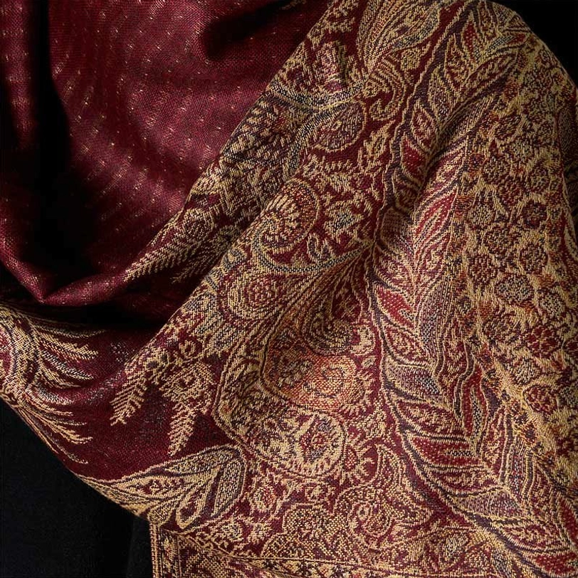 Dark khaki Tibetan shawl with ornate paisley pattern and decorative tassels - earth tone spiritual wrap