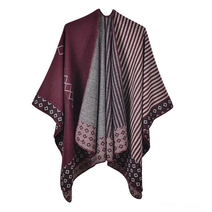 Tibetan shawl in dark red gray color showing rich color palette option for sophisticated styling
