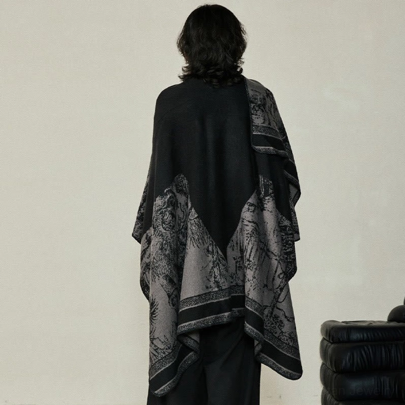 Tibetan sika deer forest reversible shawl detail view showing striped hem border