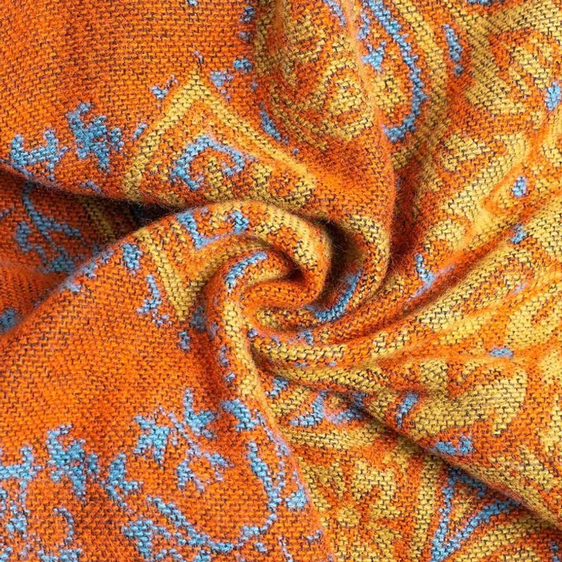 Tibetan ethnic shawl orange and blue paisley thick woven knit fabric draped detail
