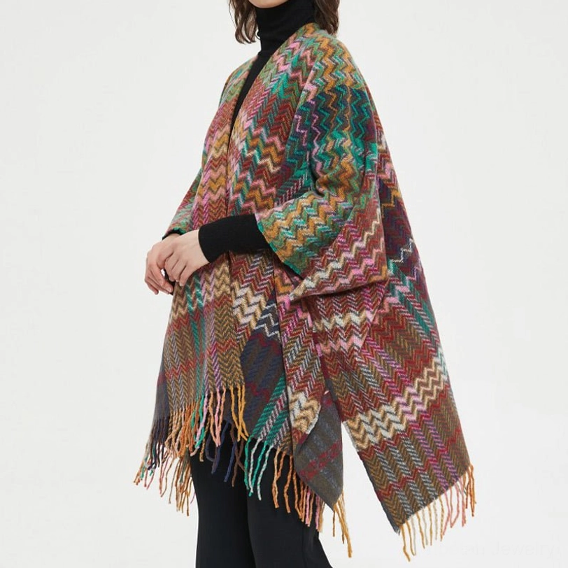 Eco-friendly Tibetan tassel shawl made from sustainable polyester blend