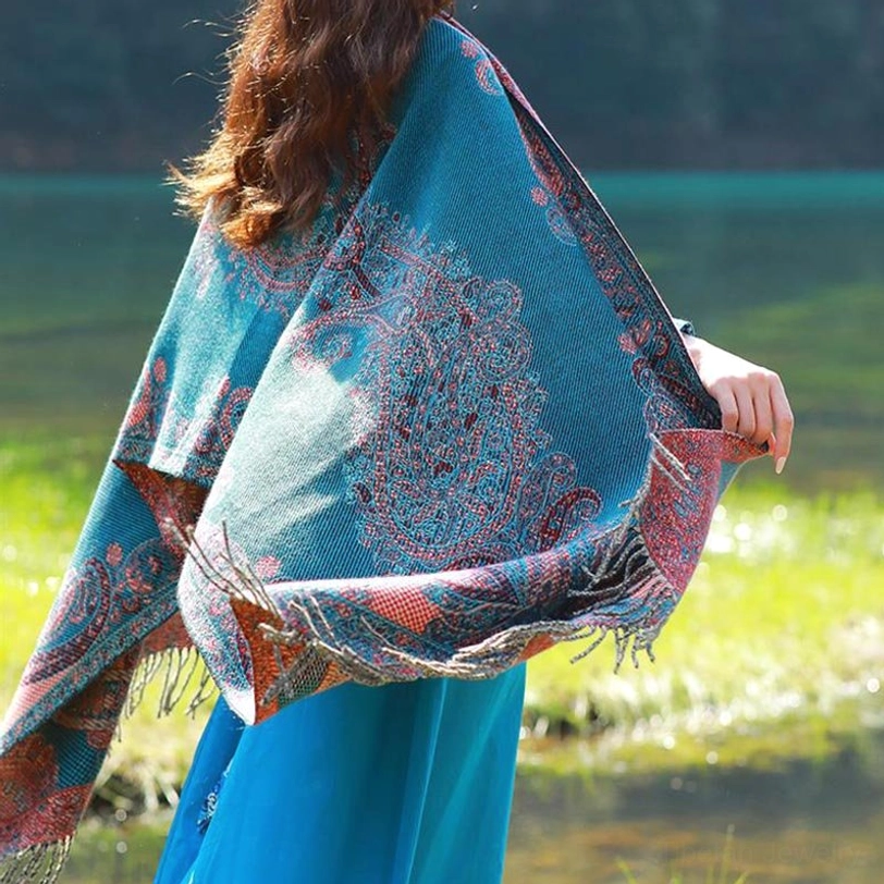Tibetan vine leaf shawl styling with ethnic jewelry and accessories