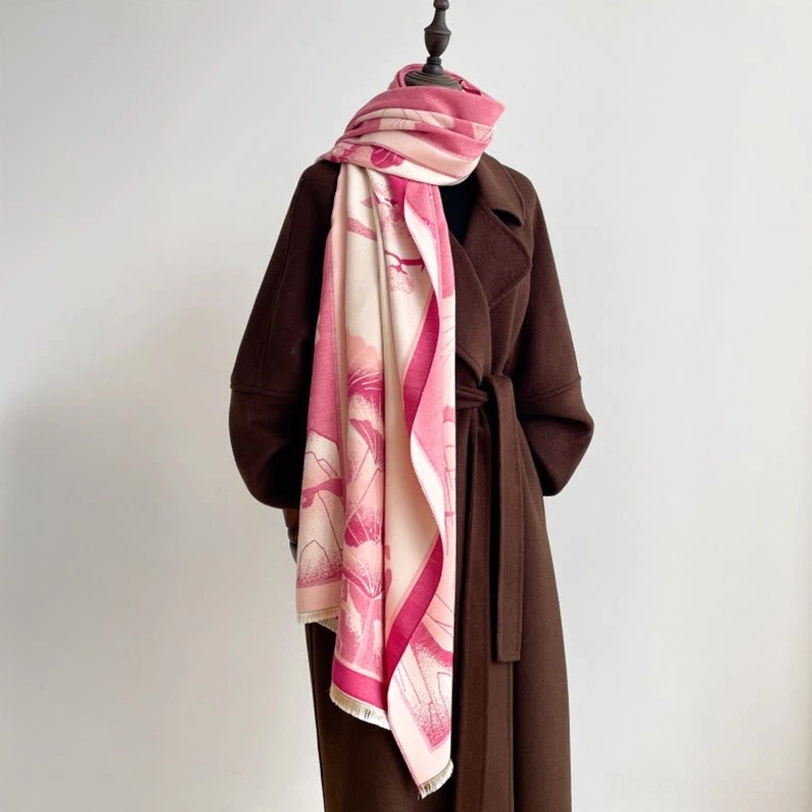 Tibetan wrap shawl with lotus and mountain motif in traditional colors, close-up of fabric texture and print quality
