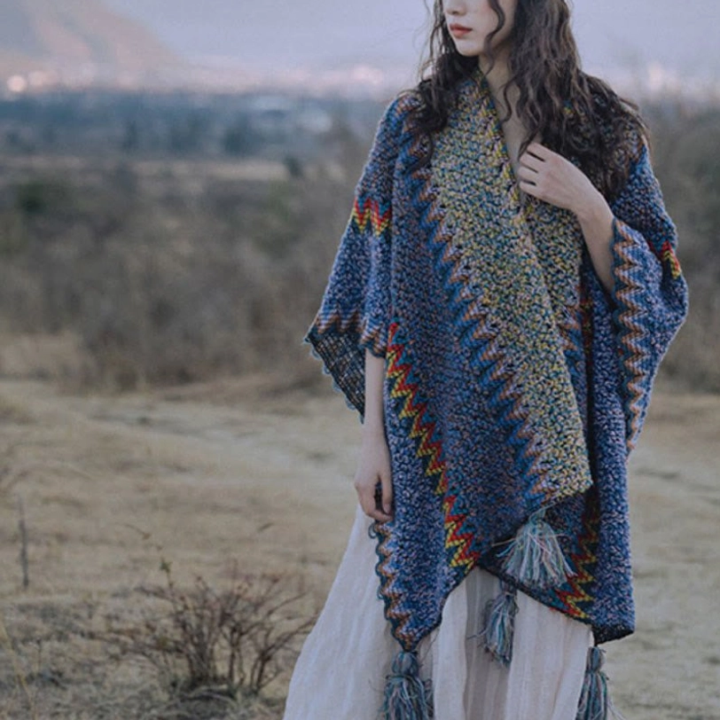 Tibetan ethnic shawl material close-up highlighting soft acrylic-polyester blend and fine knitting quality