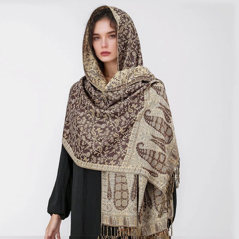 Tibetan jacquard tassel shawl texture close-up showing premium rayon and polyester blend fabric softness and drape quality