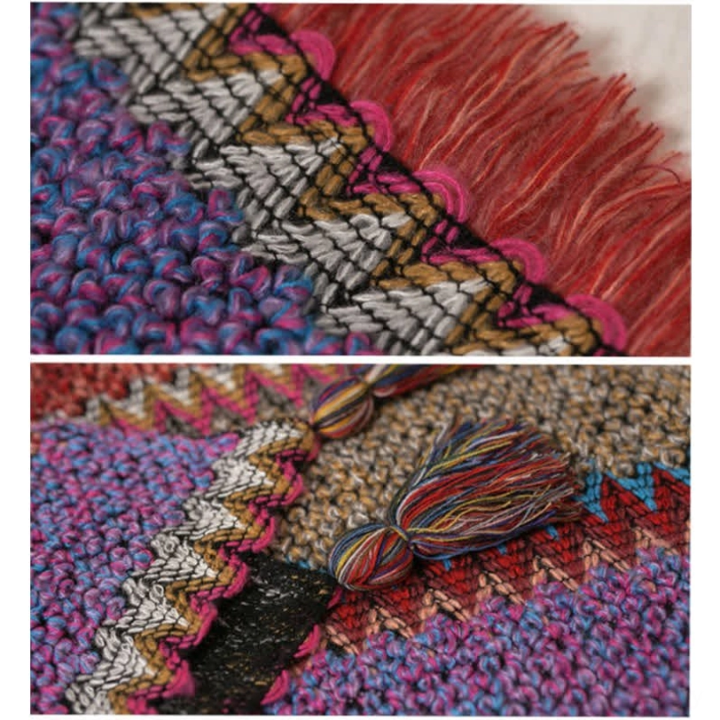 Tibetan tassel shawl wrap folded and arranged displaying product dimensions and material texture