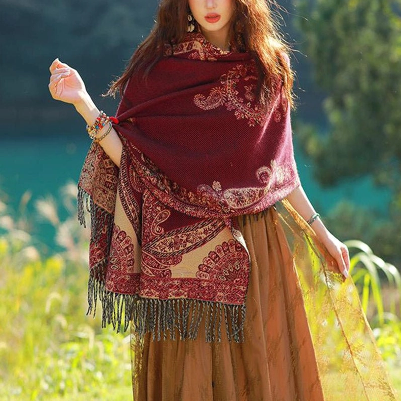 Tibetan vine leaf shawl folded display showing full length and fringe hem