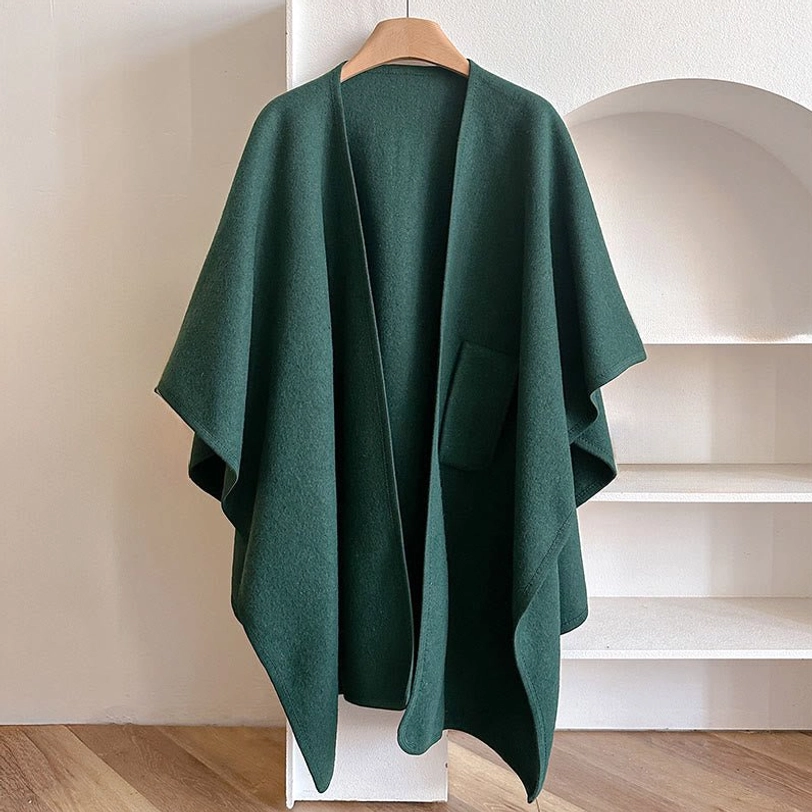 Forest green Tibetan shawl poncho with chest pocket - sleeveless design, clean finished seams, versatile styling