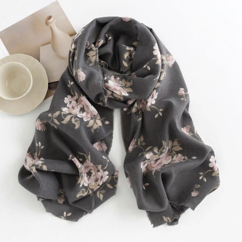 Gray lavender blush Tibetan rose shawl variant featuring delicate floral prints on neutral base