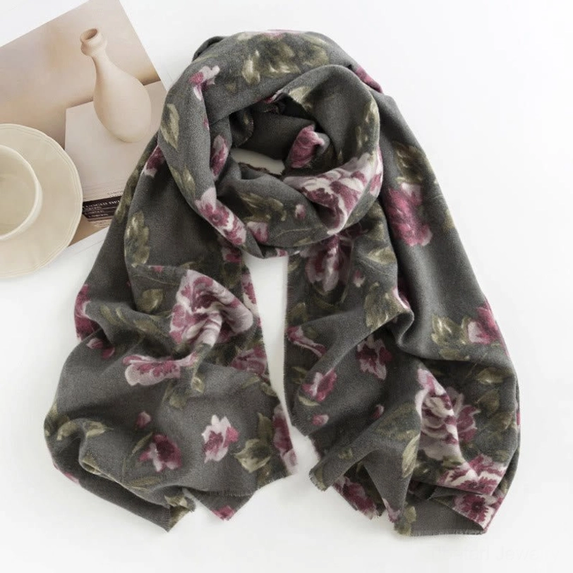 Gray thistle Tibetan rose shawl variant showing muted elegant color combination and sophisticated design