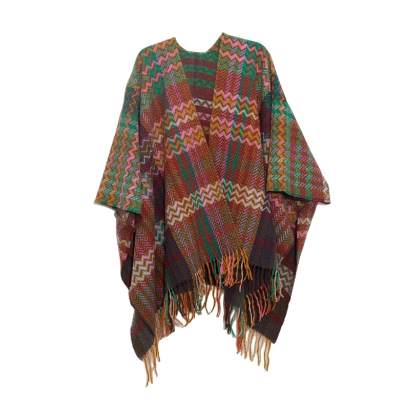 Green red brown Tibetan shawl featuring batwing sleeves and chevron pattern