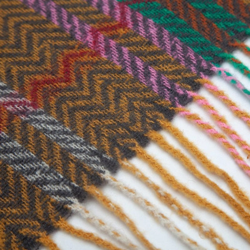Handwoven Tibetan shawl with intricate chevron pattern and fringe hem