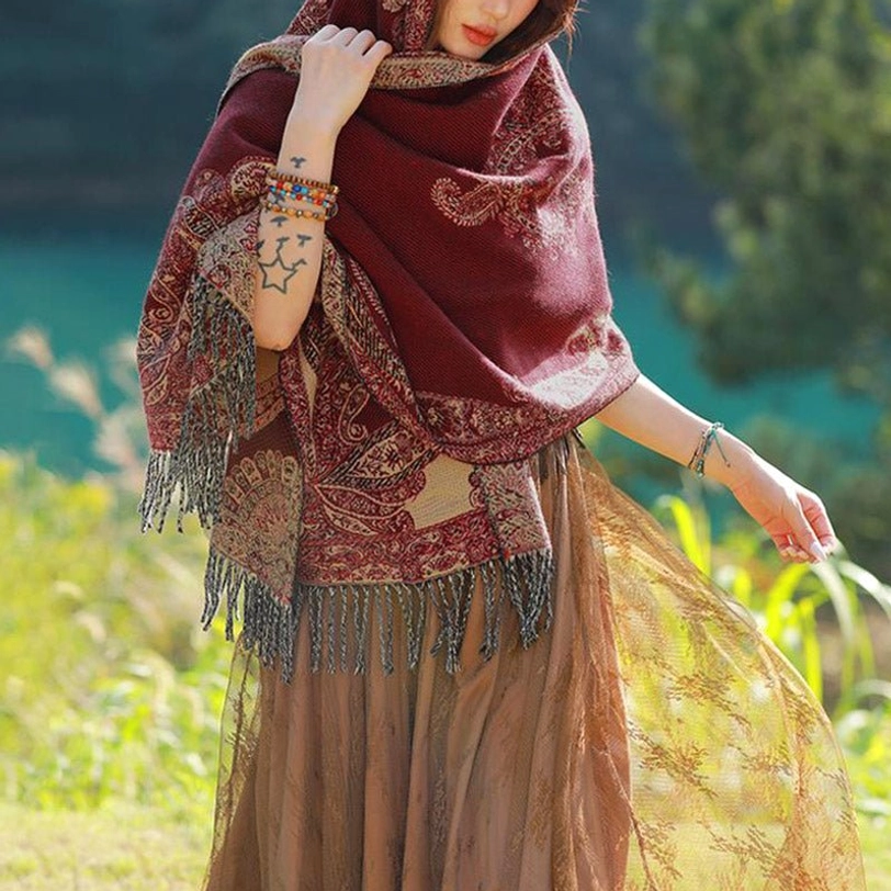 Hooded Tibetan paisley shawl with layered beaded tassel hem and arm bracelets