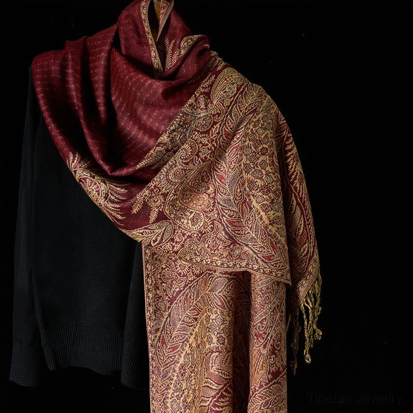 Indian red Tibetan paisley shawl with gold floral pattern and handstitched tassel hem - warm jewel tone option