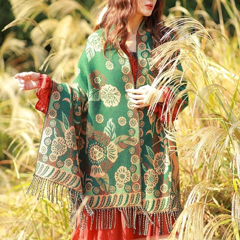 Tibetan floral print cashmere wrap showing intricate weaving technique