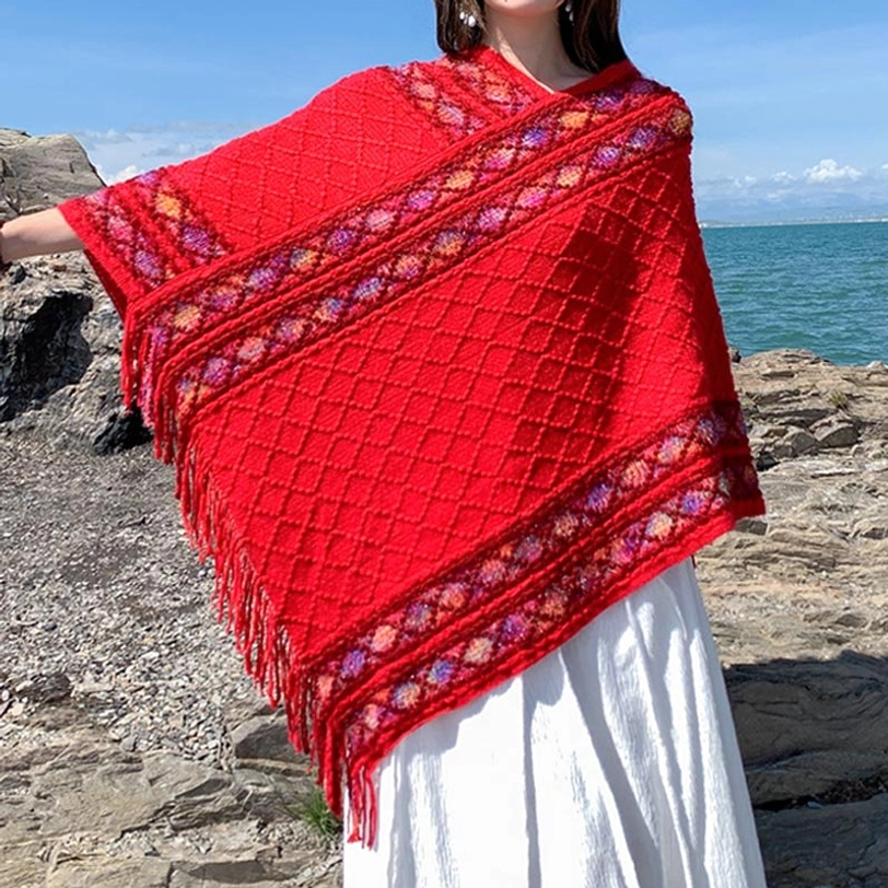 Khaki Tibetan tassel poncho shawl with rhombus knit pattern and colorful ethnic border detail