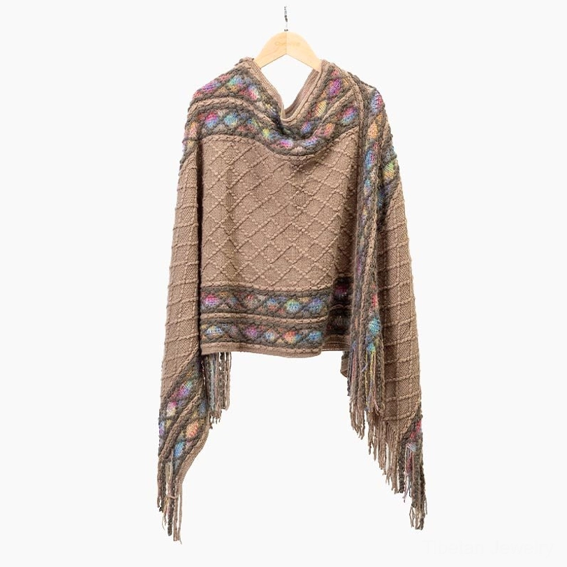 Khaki Tibetan ethnic tassel poncho shawl with rhombus pattern and hand-finished tribal details