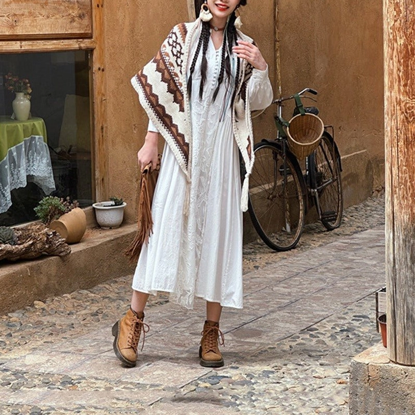 Authentic Tibetan tassel shawl lifestyle image, versatile bohemian wrap perfect for meditation and cultural appreciation