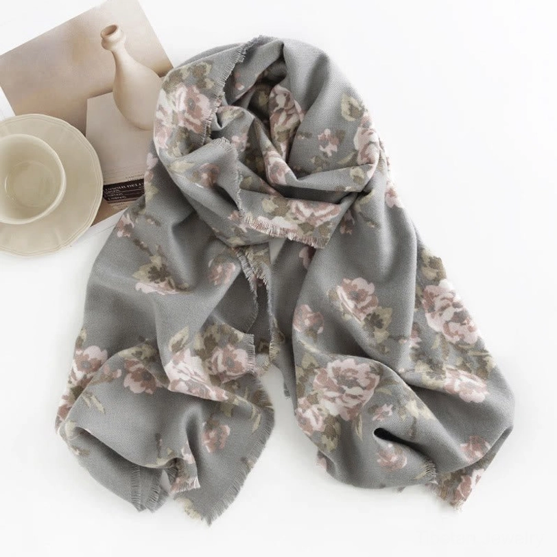 Light grey misty rose Tibetan floral shawl variant in soft pastel color combination