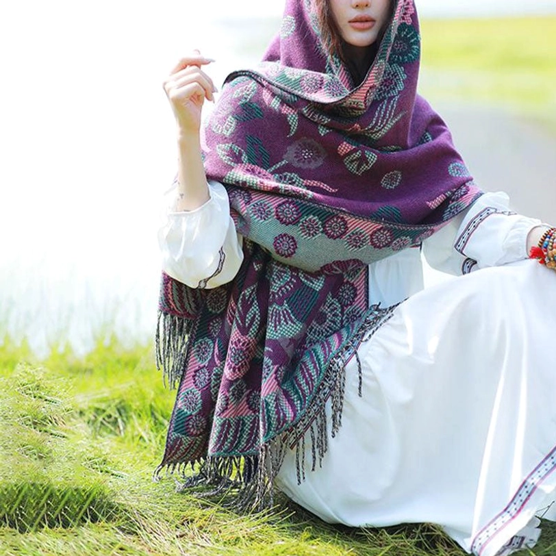 Lightweight Tibetan botanical print shawl for layering and versatile wear