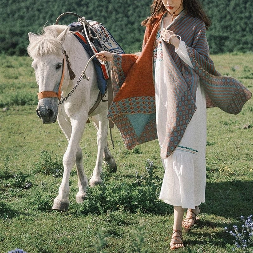 Close-up of Tibetan shawl material quality showing premium soft acrylic polyester blend and fine knitting craftsmanship