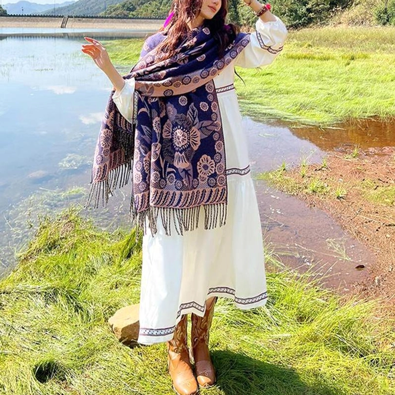 Tibetan floral pattern shawl worn as meditation wrap for spiritual practice